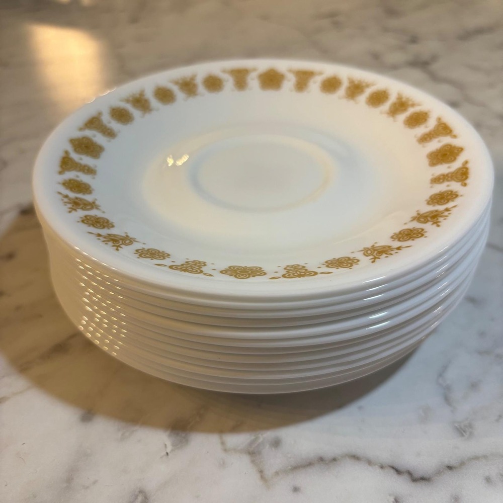 12 Vintage Corelle Butterfly Gold Saucers Corning Vitrelle White Gold Floral Set